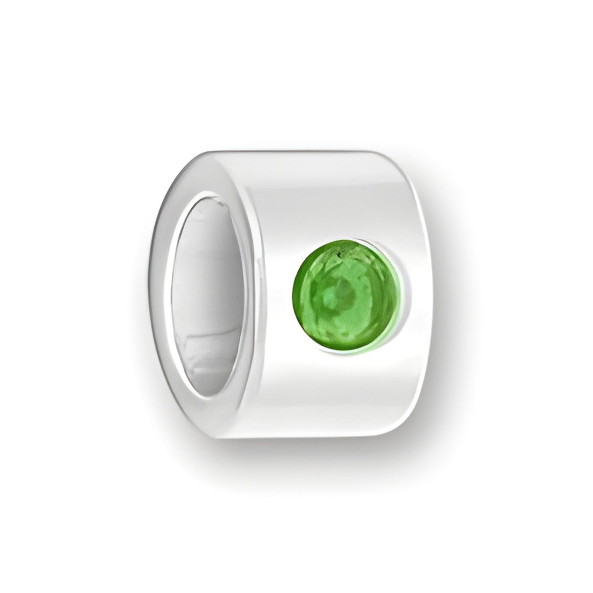 Luv Link Bead in sterling silver featuring a round green May Emerald stone set in the side.