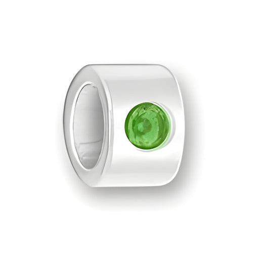 Luv Link Bead in sterling silver featuring a round green May Emerald stone set in the side.