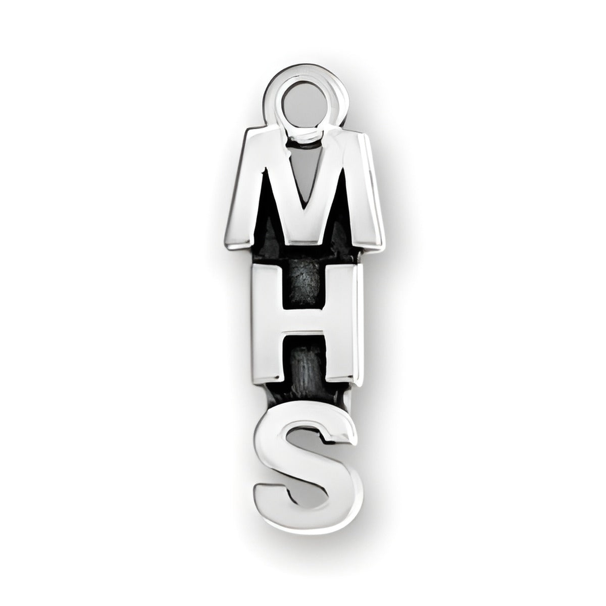MHS charm made of sterling silver, featuring three stacked letters: M, H, and S, with a polished finish.