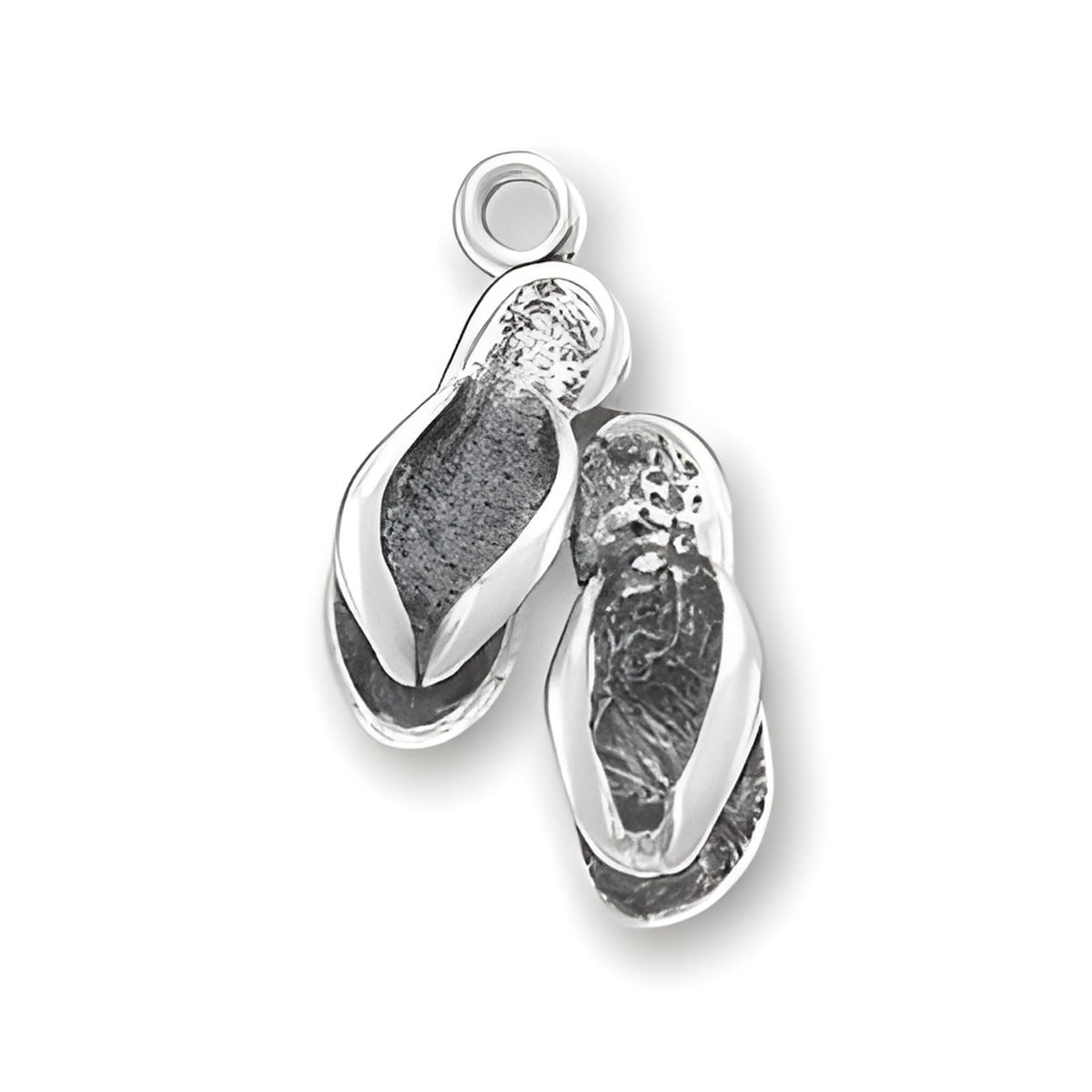 Mini Flip Flop Charm made of sterling silver, featuring detailed design with a loop for attachment.
