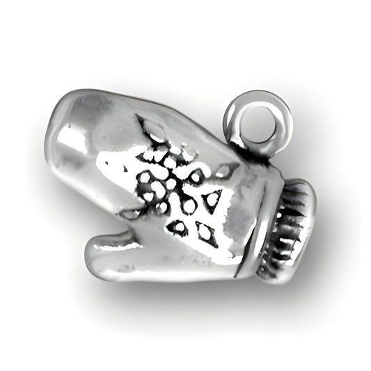 Sterling silver mitten charm featuring detailed snowflake design and textured cuff, ideal for charm bracelets.