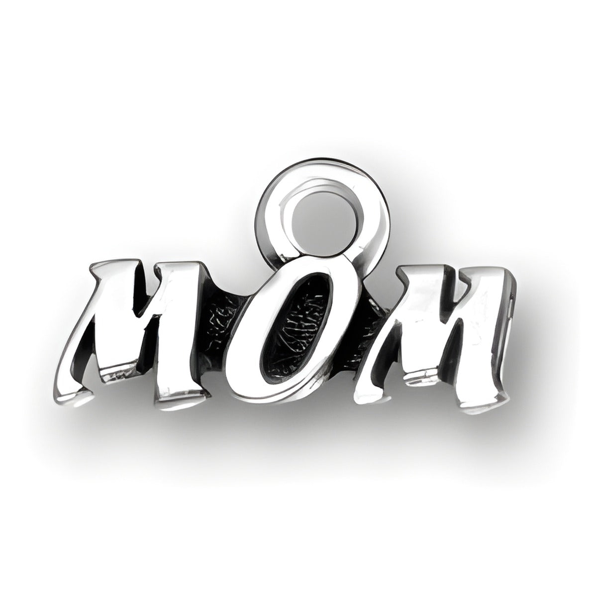 Sterling silver charm featuring the word 'MOM' in a bold, stylized font with a loop for attachment.