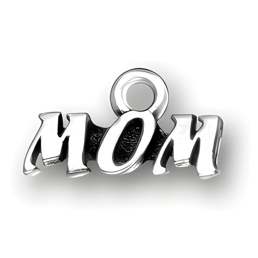 Sterling silver charm featuring the word 'MOM' in a bold, stylized font with a loop for attachment.