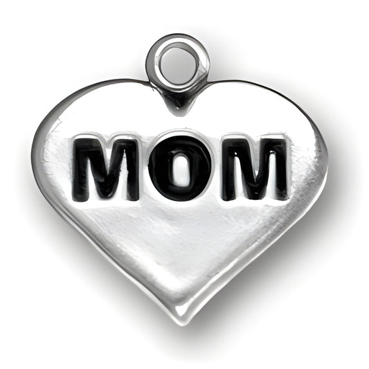 Mom Heart Charm by Charm Factory, made of silver with black lettering, features a heart shape with 'MOM' engraved.