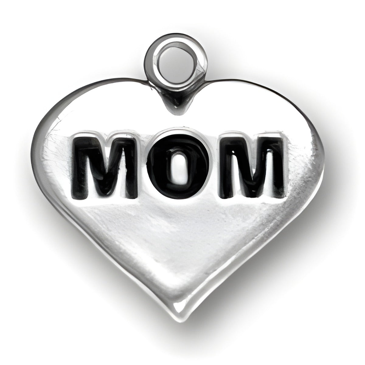 Mom Heart Charm by Charm Factory, made of silver with black lettering, features a heart shape with 'MOM' engraved.