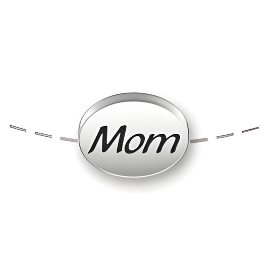 Sterling silver Mom message bead, oval shape with the word 'Mom' engraved in black lettering.