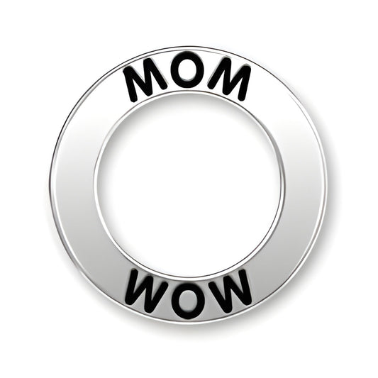 Mom Message Ring by Charm Factory, made of sterling silver, featuring the words 'MOM' and 'WOW' in black lettering.