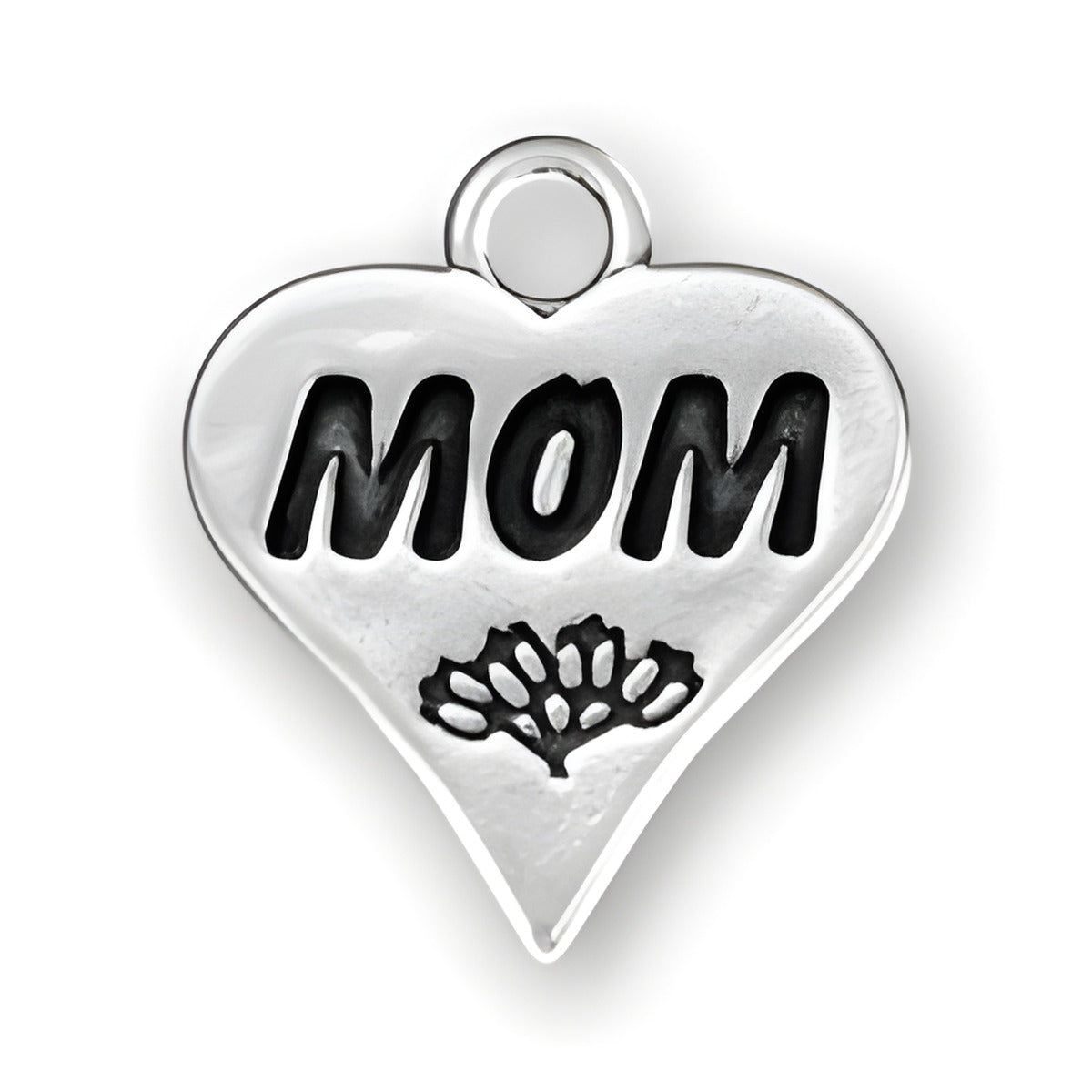 Charm Factory Mom on Heart Charm, made of silver, featuring the word 'MOM' and a decorative design.