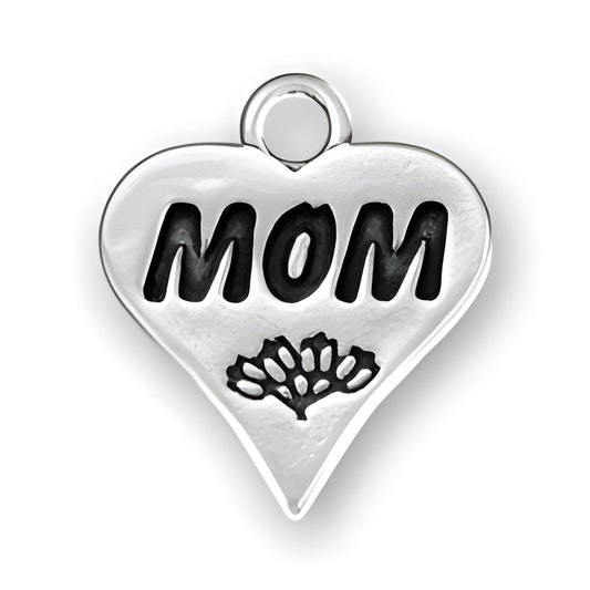 Charm Factory Mom on Heart Charm, made of silver, featuring the word 'MOM' and a decorative design.