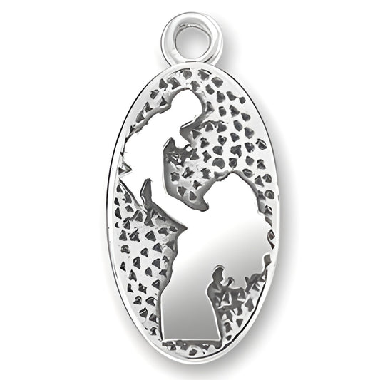 Mother and Child Charm in sterling silver, featuring a cut-out design of a mother holding a child in an oval shape.