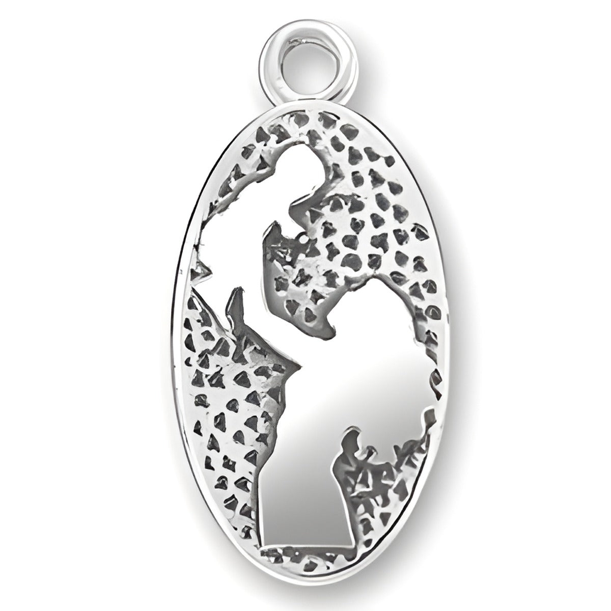Mother and Child Charm, sterling silver, featuring a cut-out design of a mother holding a child in an oval shape.