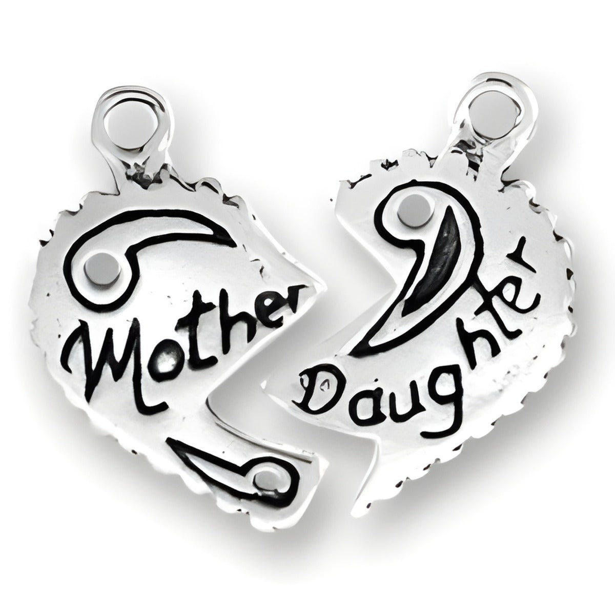 Mother and Daughter Heart Charm, sterling silver, features two interlocking halves with 'Mother' and 'Daughter' engraved.