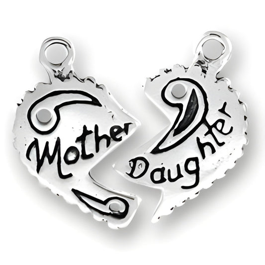 Mother and Daughter Heart Charm, sterling silver, features two interlocking halves with 'Mother' and 'Daughter' engraved.