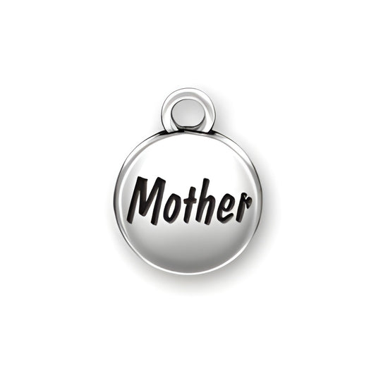 Sterling silver domed charm featuring the word 'Mother' engraved in a bold font.