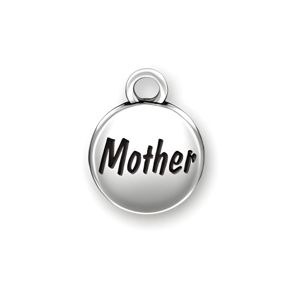 Sterling silver domed charm with the word 'Mother' engraved in a bold font, featuring a loop for attachment.