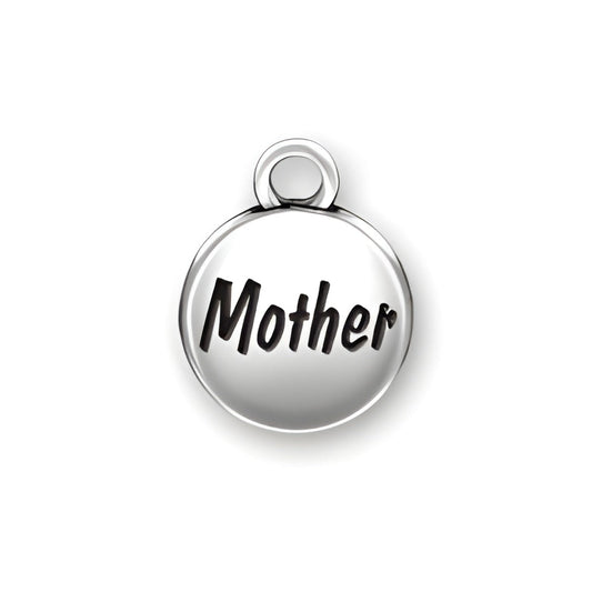 Sterling silver domed charm with the word 'Mother' engraved in a bold font, featuring a loop for attachment.