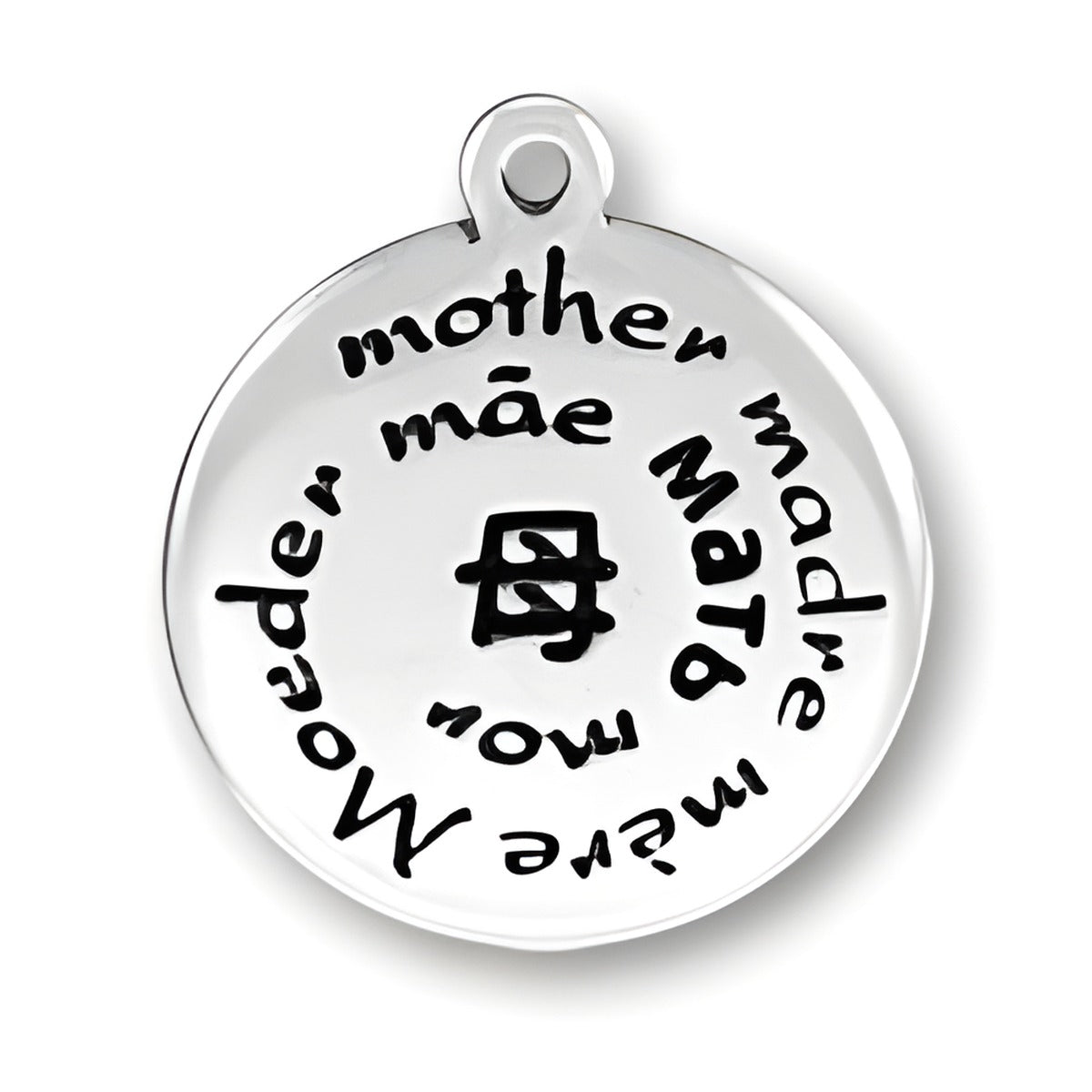 Sterling silver charm featuring the word 'mother' in various languages, including English, Spanish, and Chinese.
