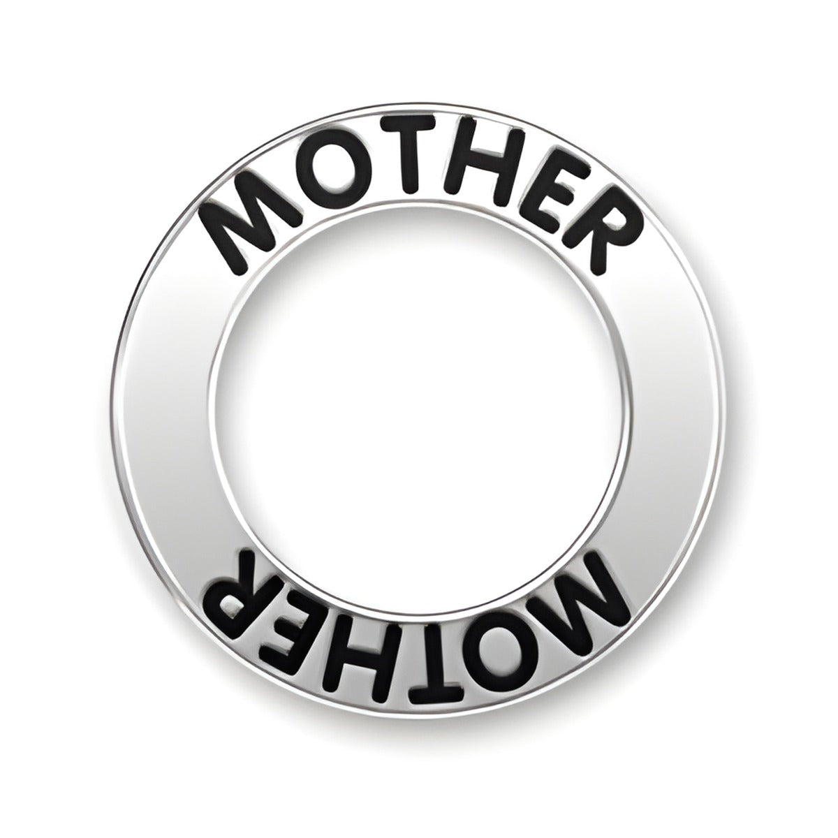 Mother Message Ring by Charm Factory, made of sterling silver, featuring the word 'MOTHER' in black lettering.