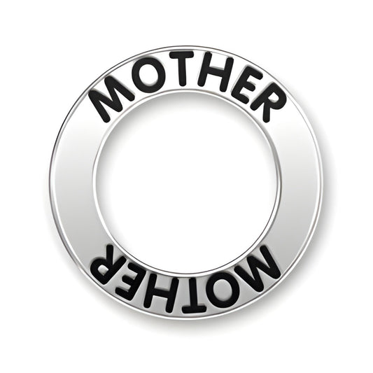 Mother Message Ring by Charm Factory, made of sterling silver, featuring the word 'MOTHER' in black lettering.