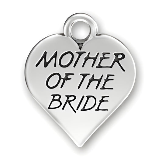Sterling silver heart charm engraved with the words 'MOTHER OF THE BRIDE' in a decorative font.