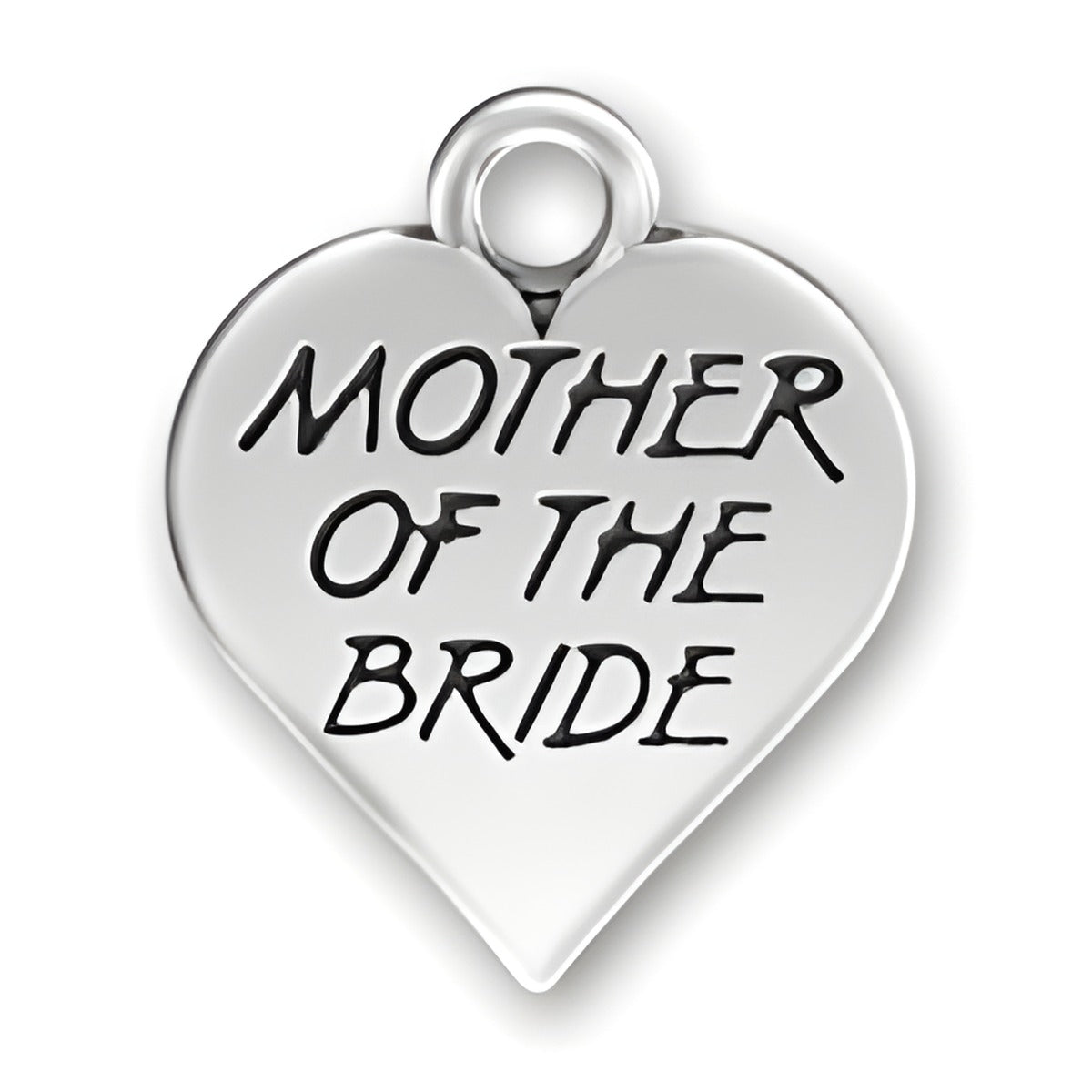 Mother of the Bride charm in sterling silver, heart-shaped with engraved text.