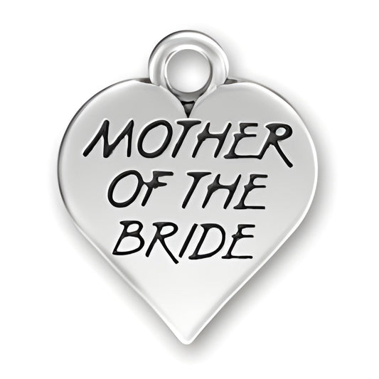 Mother of the Bride charm in sterling silver, heart-shaped with engraved text.