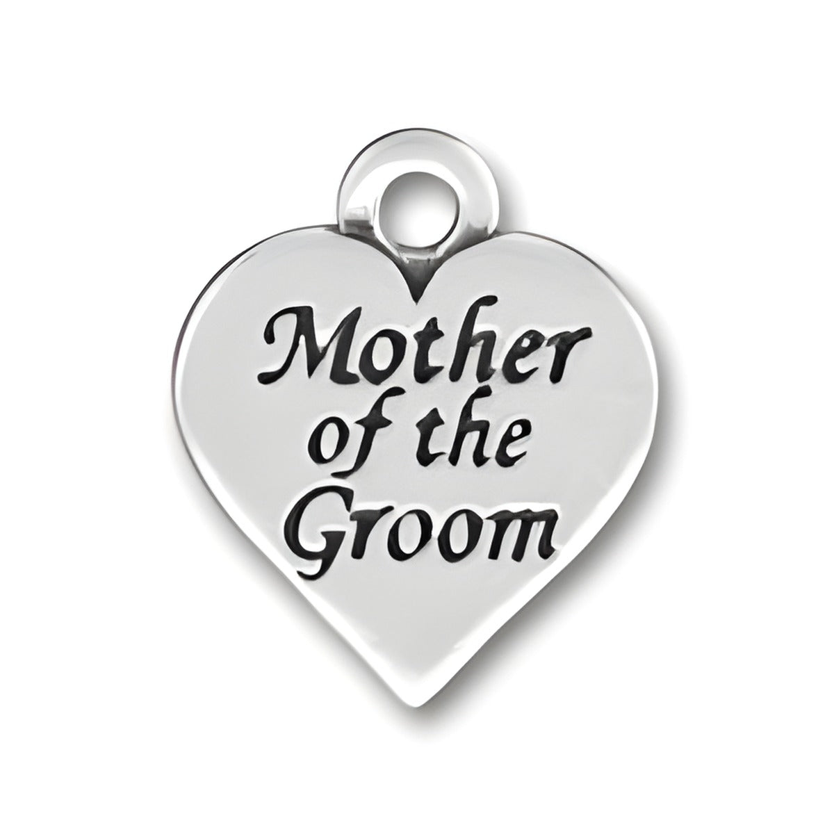 Sterling silver heart charm engraved with the words 'Mother of the Groom' in a decorative font.