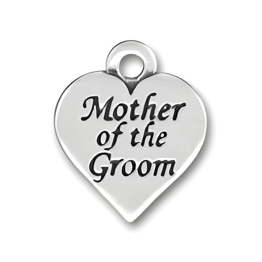 Sterling silver heart charm engraved with the words 'Mother of the Groom' in a decorative font.