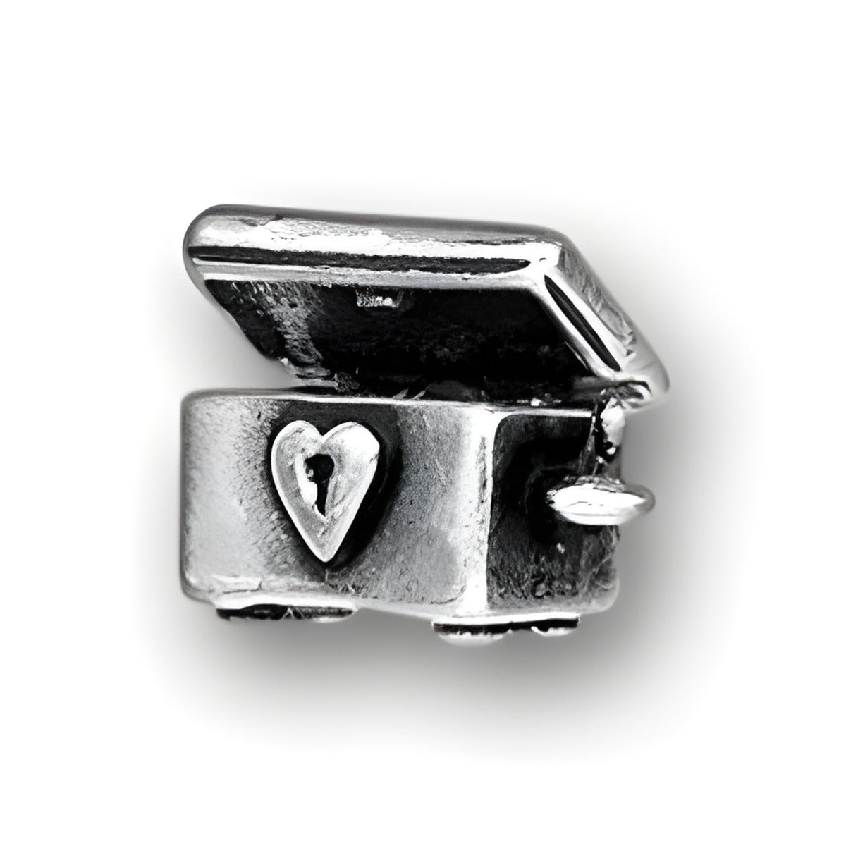 Moveable Hope Chest Charm made of silver, featuring a heart design and an open lid, symbolizing cherished memories.