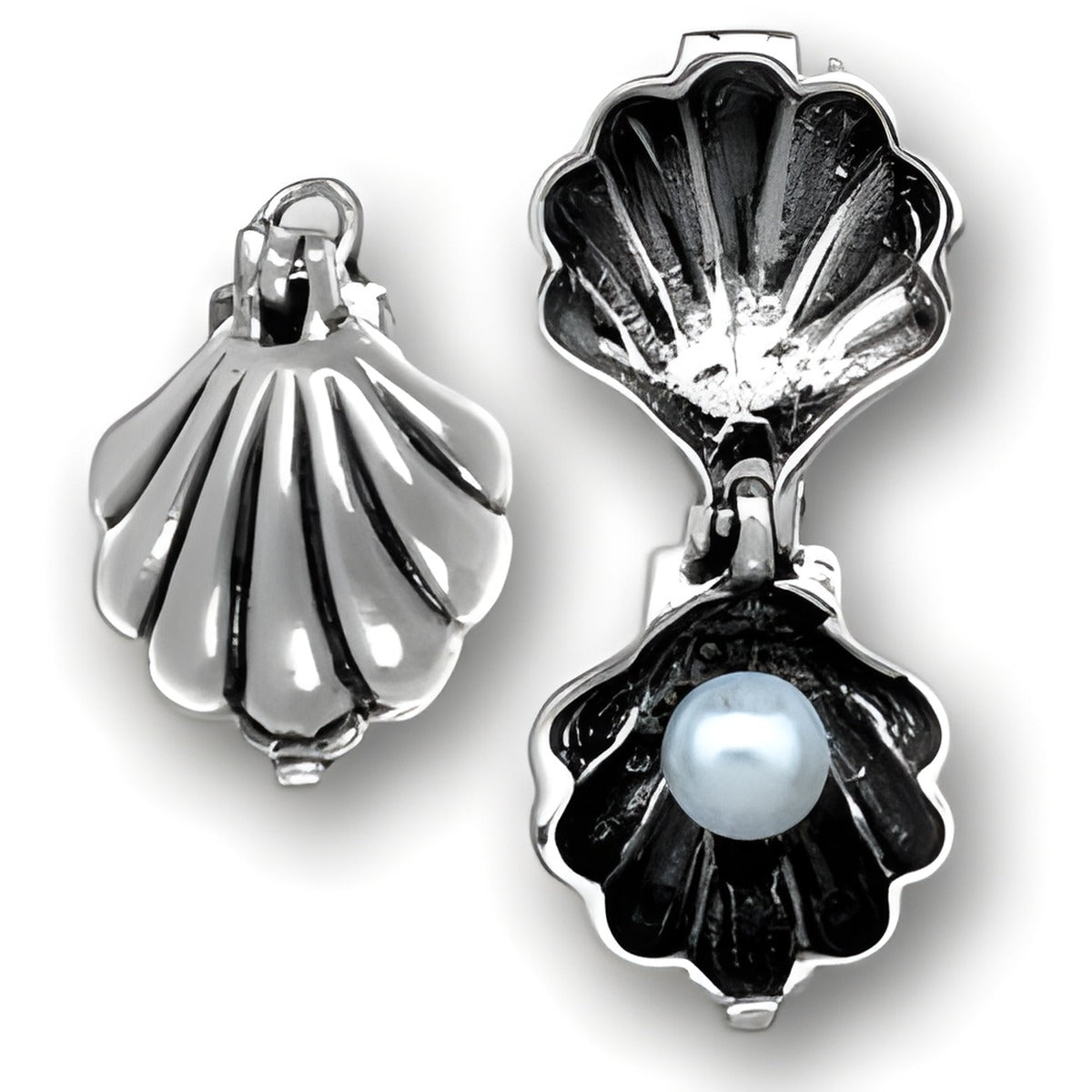 Charm Factory Moveable Shell Charm made of silver, featuring a hinged shell that opens to reveal a blue pearl inside.