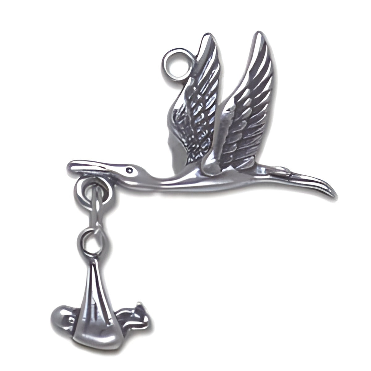 Moveable Stork and Baby Charm, sterling silver. Features a stork carrying a baby in a cloth bundle, detailed design.