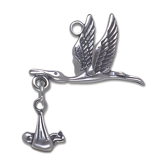 Moveable Stork and Baby Charm, sterling silver. Features a stork carrying a baby in a cloth bundle, detailed design.