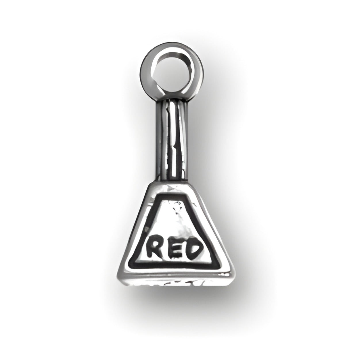 Charm Factory Nail Polish Charm made of silver-tone metal, featuring a triangular shape with 'RED' engraved.
