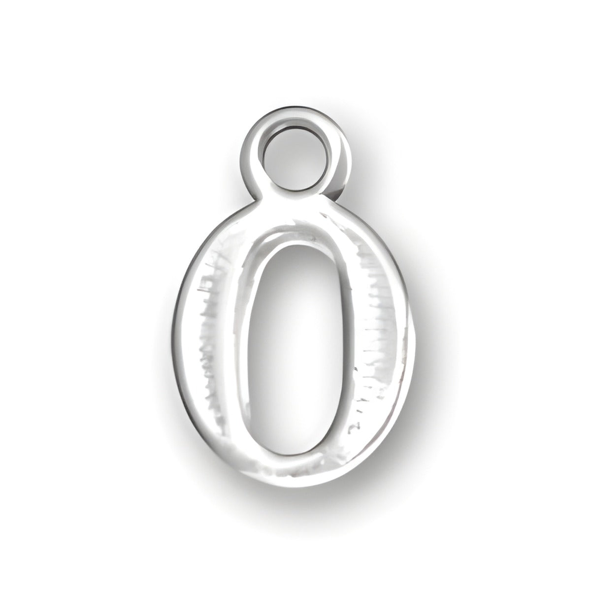Sterling silver charm in the shape of the number 0, featuring a smooth, polished surface and a top loop for attachment.