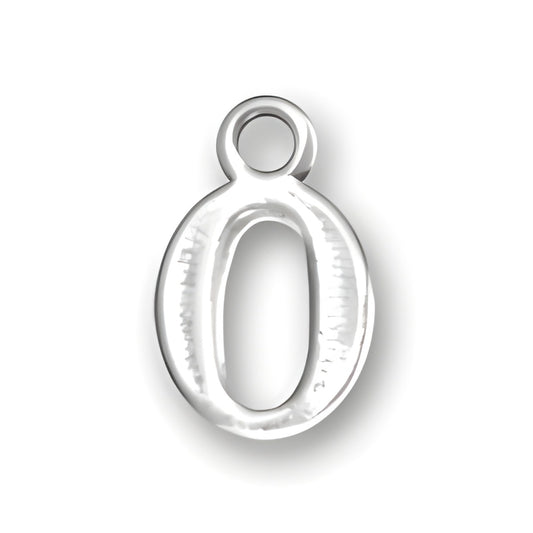 Sterling silver charm in the shape of the number 0, featuring a smooth, polished surface and a top loop for attachment.