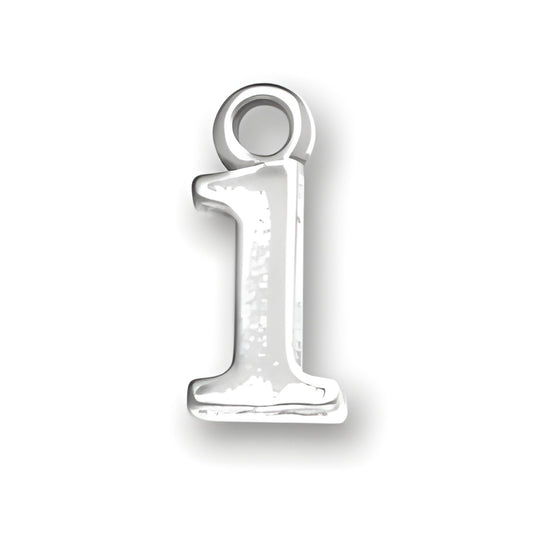 Sterling silver charm shaped like the number 1, featuring a polished finish and a loop for attachment.