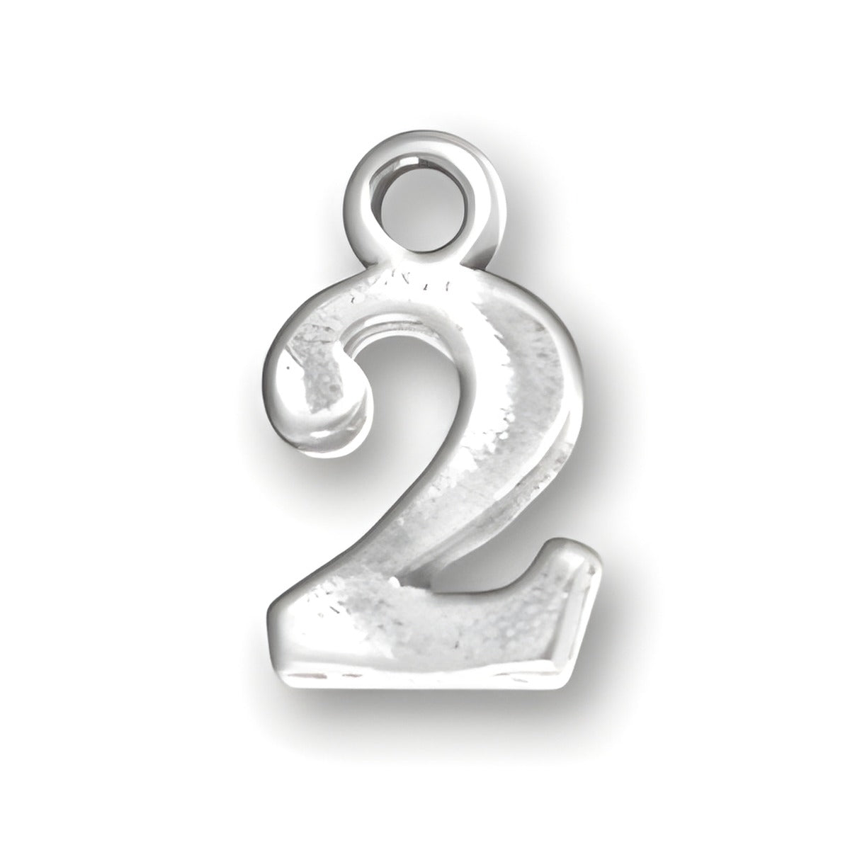 Number 2 Charm made of sterling silver, featuring a stylized, polished design with a loop for attachment.