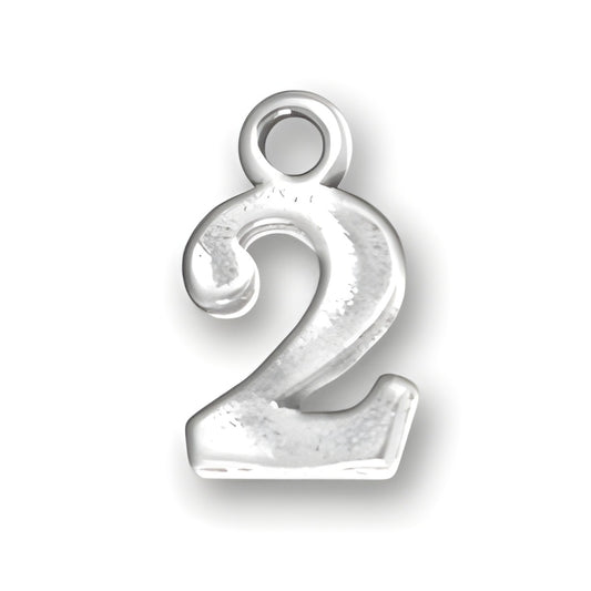 Number 2 Charm made of sterling silver, featuring a stylized, polished design with a loop for attachment.
