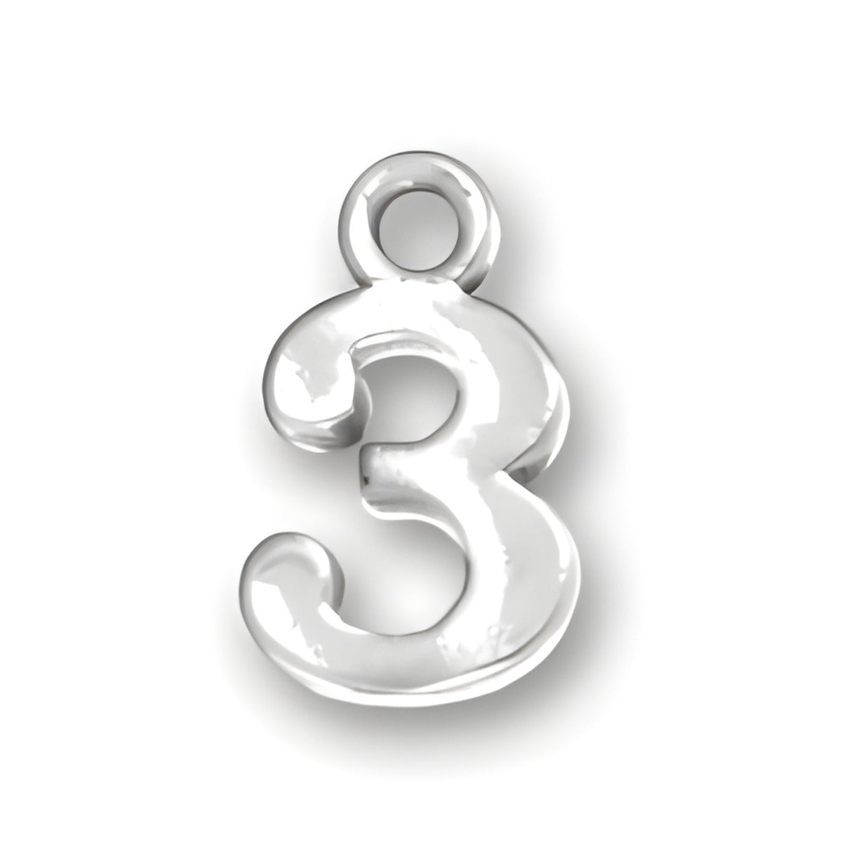 Number 3 Charm made of sterling silver, featuring a whimsical, rounded design with a loop for attachment.