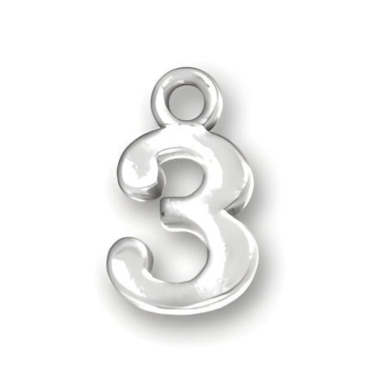 Number 3 Charm made of sterling silver, featuring a whimsical, rounded design with a loop for attachment.