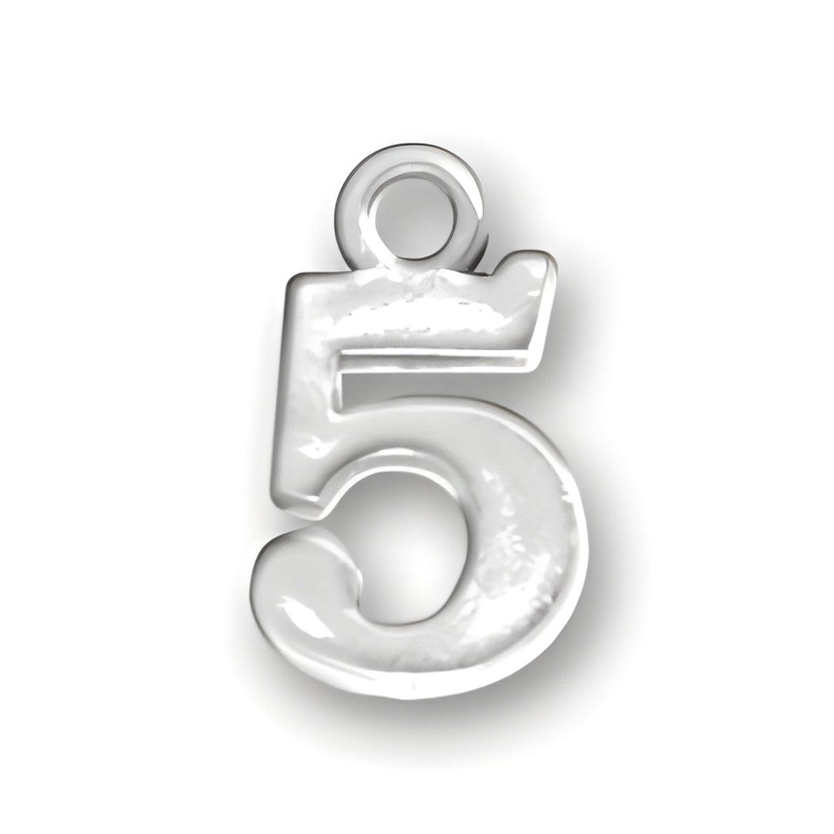 Charm Factory Number 5 Charm made of shiny silver metal, featuring a stylized numeral 5 design.
