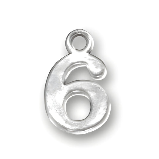 Charm Factory Number 6 Charm, crafted from shiny silver metal, featuring a stylized number six design.