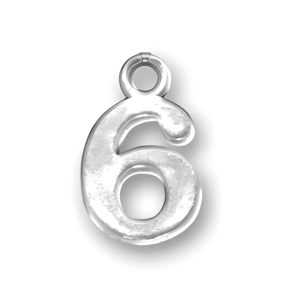 Charm Factory Number 6 Charm, crafted from shiny silver metal, featuring a stylized number six design.
