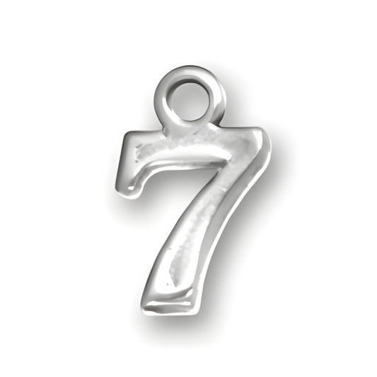 Charm Factory Number 7 Charm made of polished silver, featuring a bold, stylized numeral 7 with a loop for attachment.