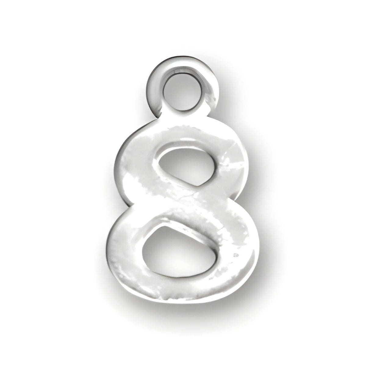 Charm Factory Number 8 Charm made of polished silver, featuring a stylized, flowing design of the number 8.