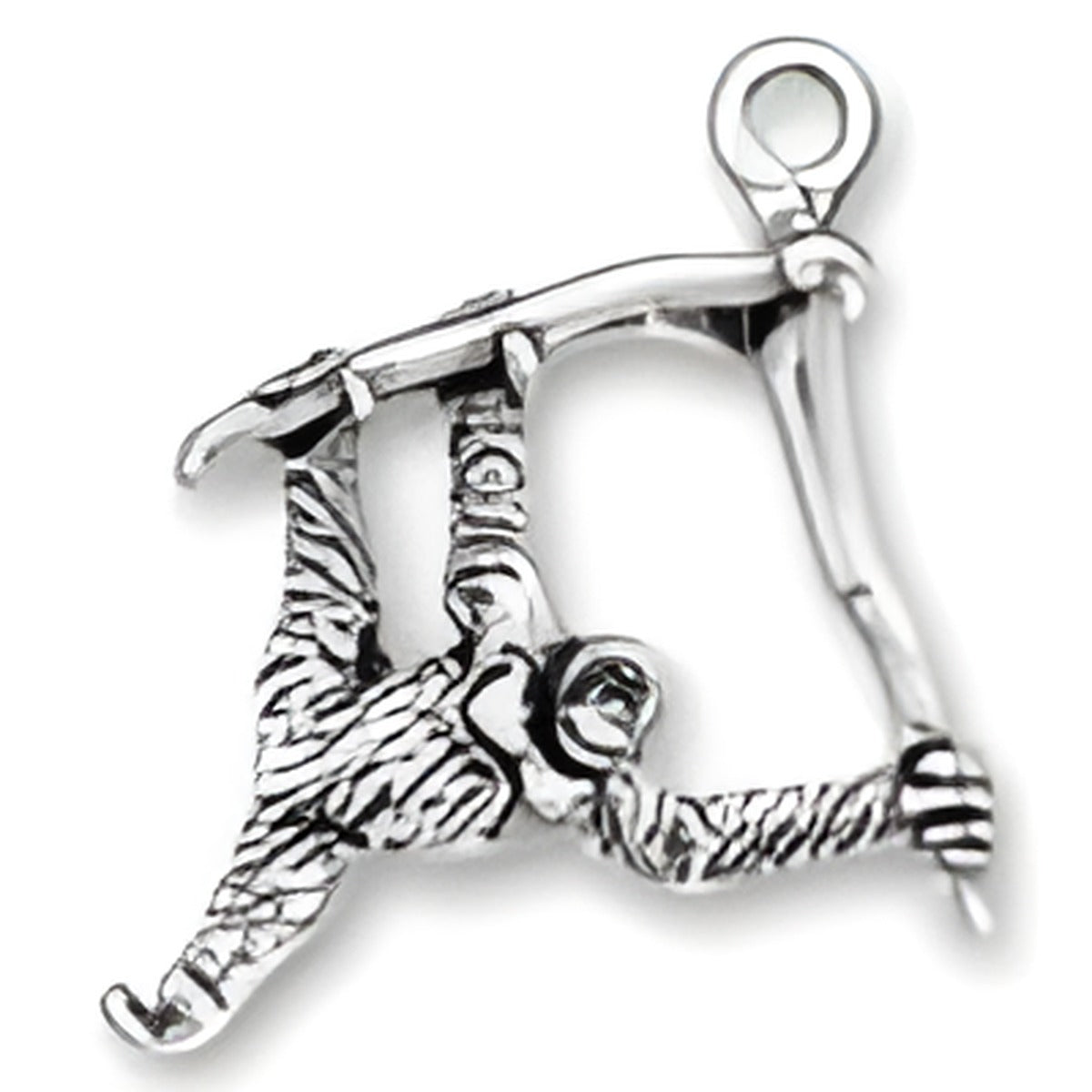 Charm Factory Orangutan Charm made of silver, depicting an orangutan hanging from a branch in intricate detail.