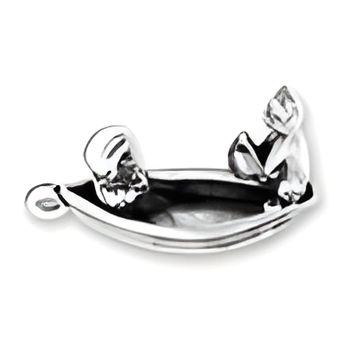 Owl and Pussycat in Boat Charm, sterling silver charm featuring an owl and a cat in a small boat.