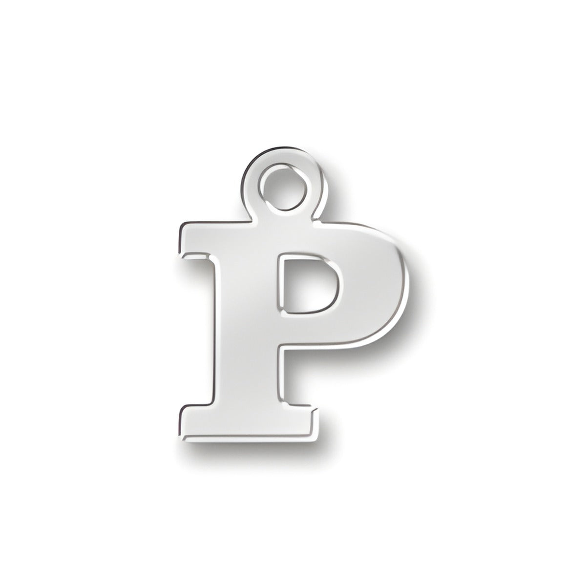 Sterling silver charm in the shape of the letter 'P', featuring a polished finish and a loop for attachment.