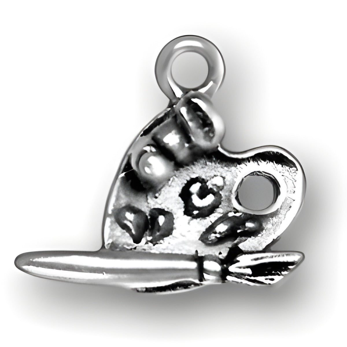 Charm Factory Painter's Palette and Brush Charm, made of silver, featuring detailed paint spots and a brush.