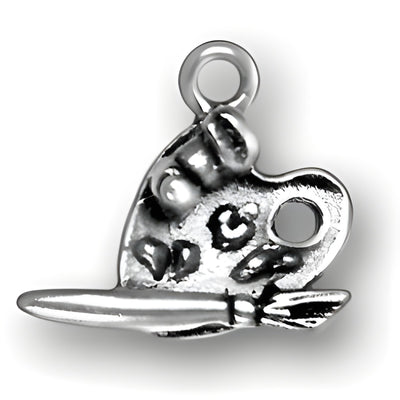 Charm Factory Painter's Palette and Brush Charm, made of silver, featuring detailed paint spots and a brush.